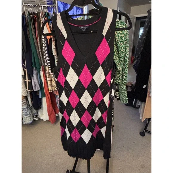 Tommy Hilfiger Womens Argyle V-Neck Sleeveless Knit Sweater Dress Pink Black M - Picture 6 of 6